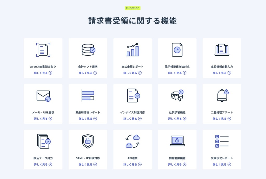 バクラク請求書受取の機能一覧画面(2026年7月)