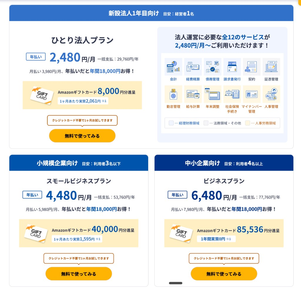 マネーフォワードクラウドの法人向け料金プラン画面（2026年7月）