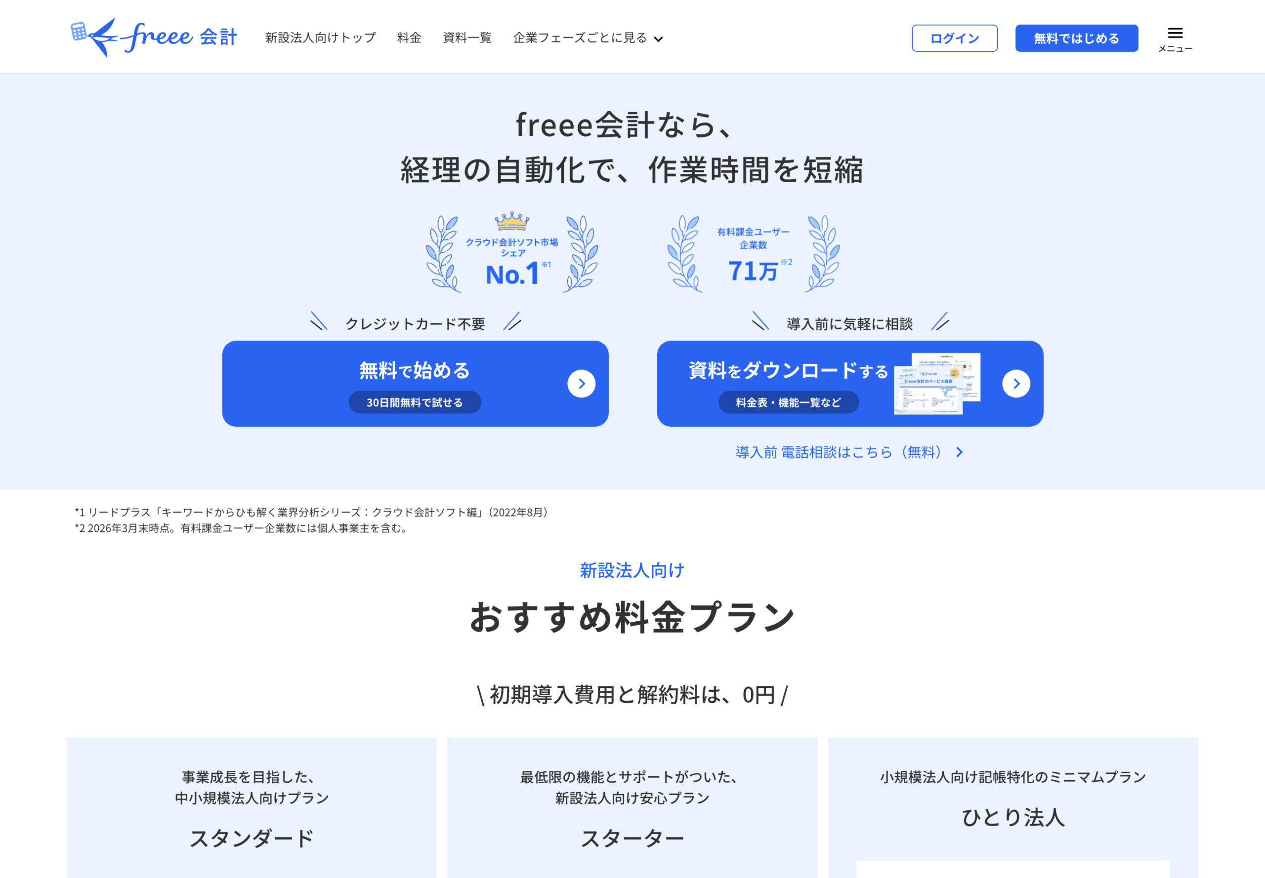 freee会計の公式サイトに掲載されている新設法人向けページ（2026年8月11日確認・契約後の管理画面ではない）