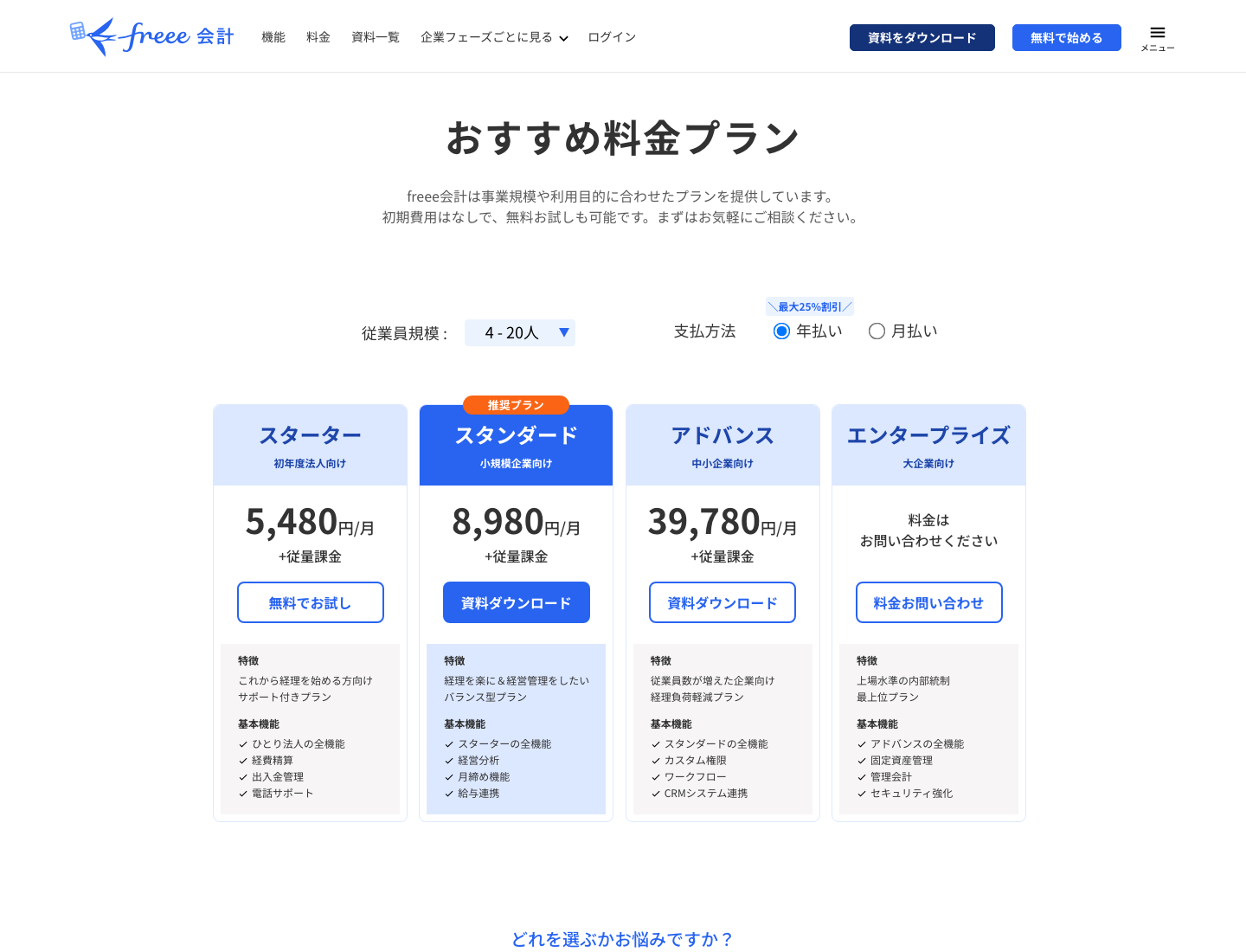 freee会計の法人向け料金プラン（公式サイトの表示・従業員規模4-20人・年払い・2026年8月14日確認・契約後の管理画面ではない）