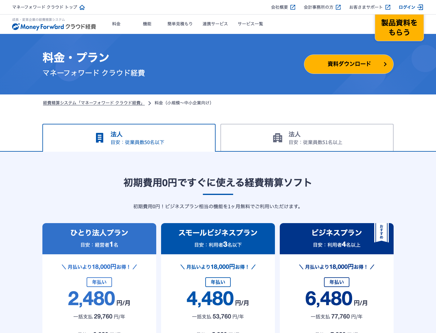 マネーフォワード クラウド経費の料金プラン（公式サイトの表示・法人 従業員数50名以下・年払い・2026年8月14日確認・契約後の管理画面ではない）