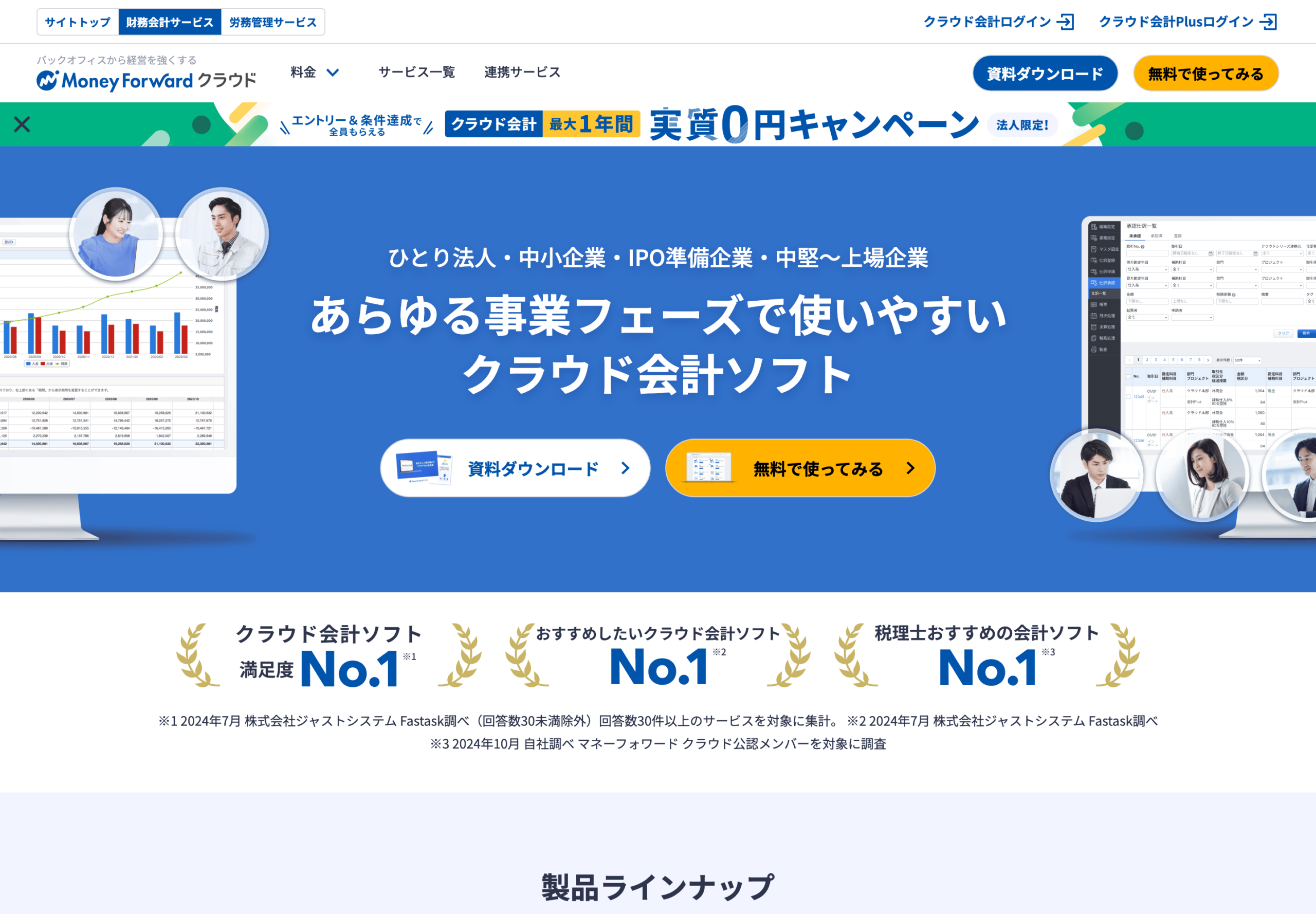マネーフォワード クラウド会計の公開入口（公式サイトの表示・2026年8月15日確認・契約後の管理画面ではない）